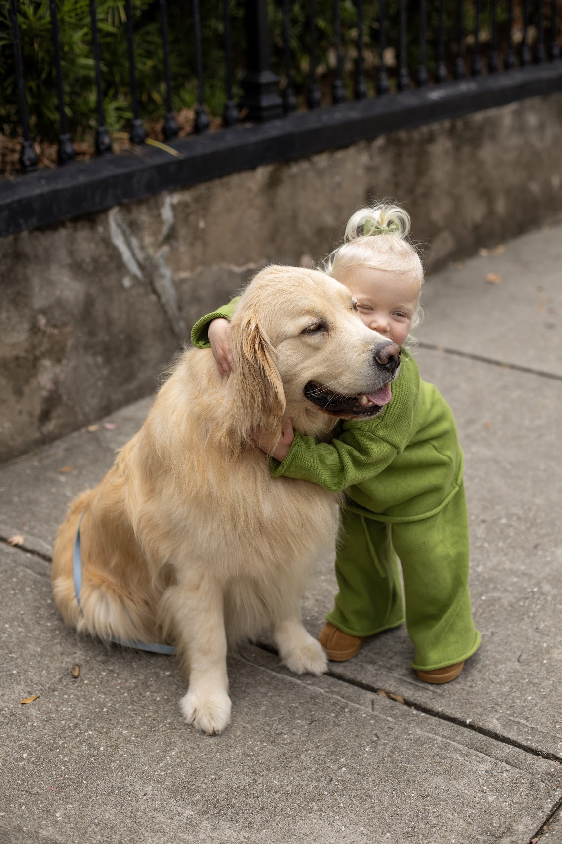 Toddler hugging a golden retriever on the sidewalk